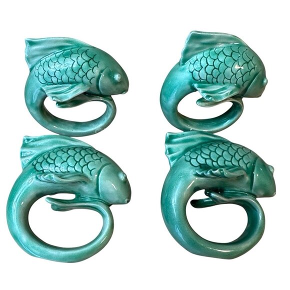 Set Of 4 Pottery Barn Green Ceramic Fish-Shaped Napkin Rings - Picture 2 of 8